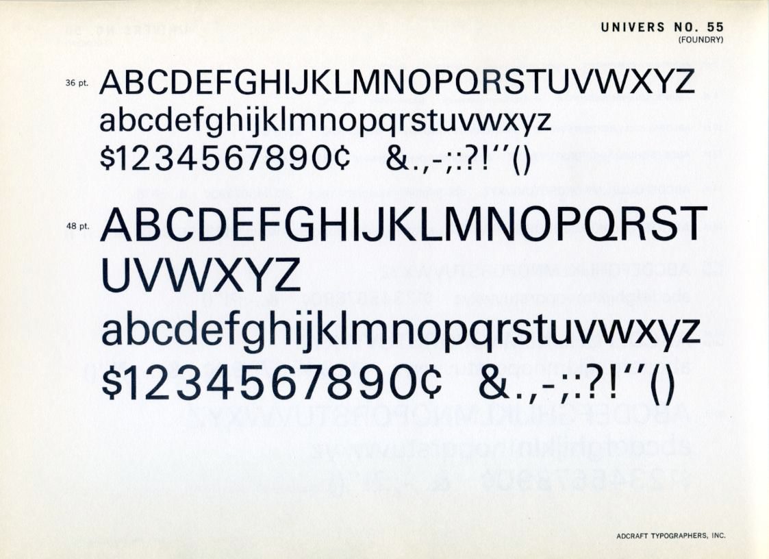 Univers 55 type specimen card, 1957