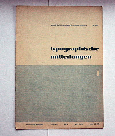 Zeus typeface, Typographische Mitteilungen cover, January 1932, Jan Tschichold